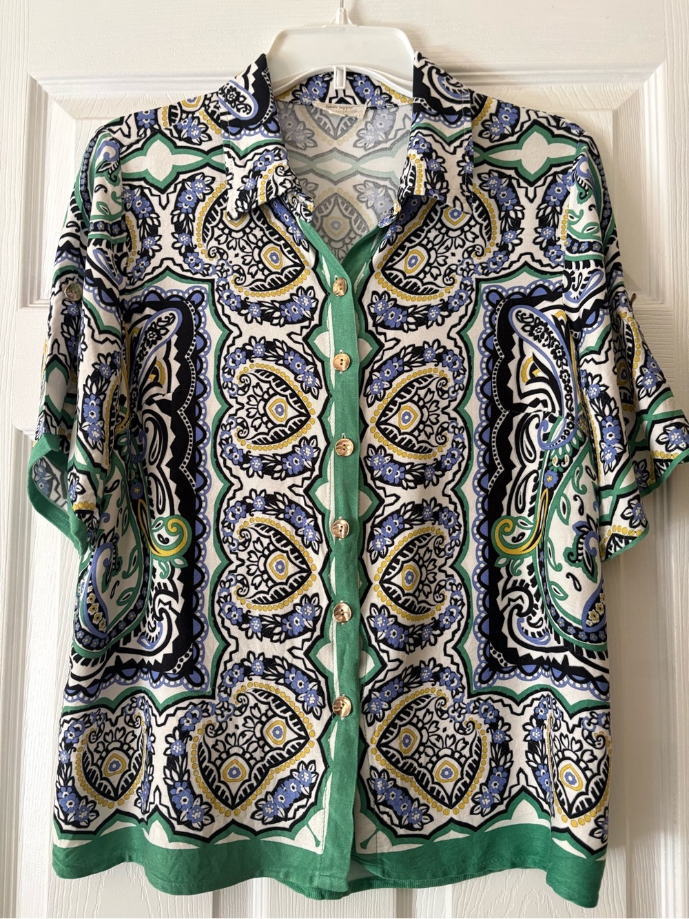 Haute Hippie Green Paisley-Print Button Down with Gold Buttons